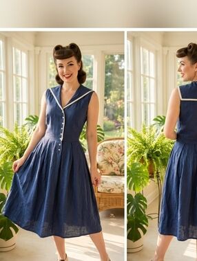 Vintage Nautical Sailor Linen Cotton Midi Dress Size M